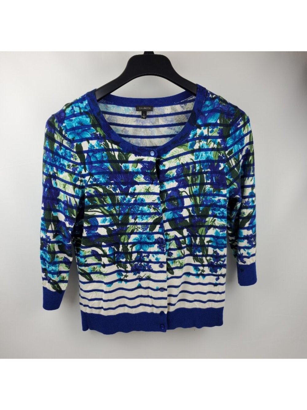 Talbots Sweater Women Large Floral Long Sleeve Button Up Blue Green Cream